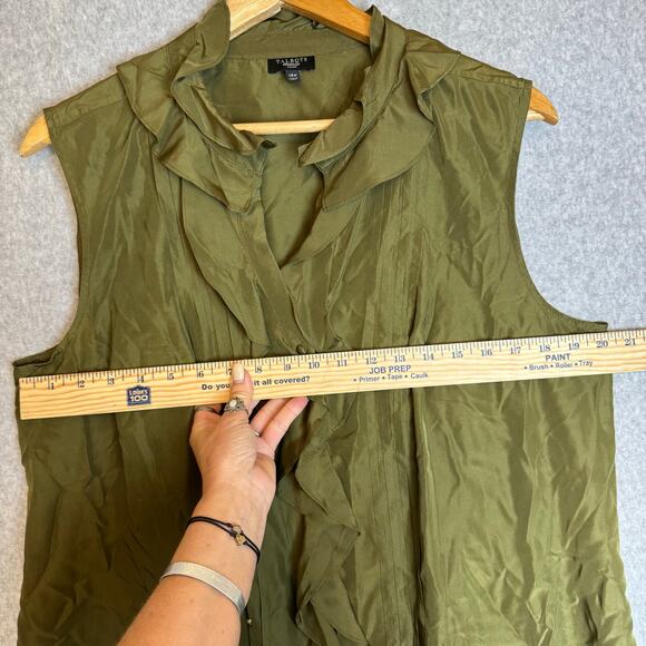 Talbots 100% Silk Blouse Womens Size 14W Ruffle Green Button Down Sleeveless Top - Picture 7 of 9